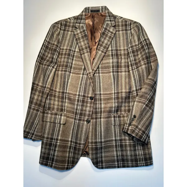 Lauren Ralph Lauren Men’s Brown Gray Plaid 100% Wool Blazer Sport Coat Size 46L - Image 2