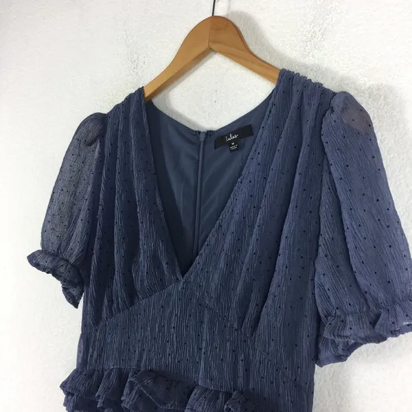 NWT Lulus Know Your Heart Midi Dress Medium Dusty Blue Polka Dot Ruffled - Image 10