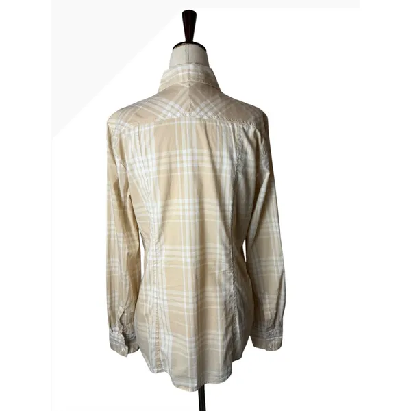 Banana Republic Button Down Shirt Women Medium Tan Plaid Cotton Top Preppy - Image 3