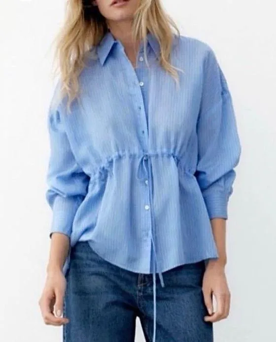 Zara Wrinkled Drawstring Waist Striped Shirt 4387/042/044 Blue White Size XL - Image 2