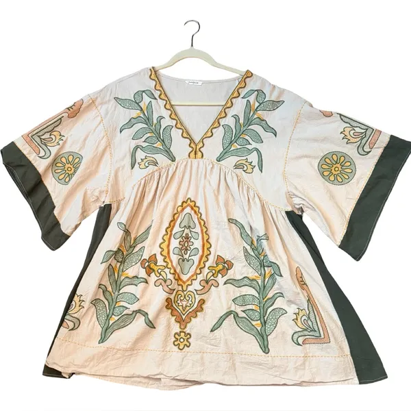 Dreamy Boho Embroidered Babydoll Dress | Cream + Sage | Size M - Image 3
