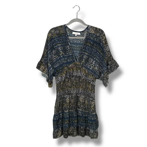 IRO‎ Dress 36 Tulsa Printed Silk Tiered Mini Snake Print Smocked Ruffle Green - Image 3