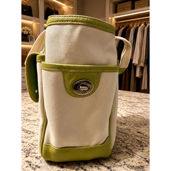 Coach 6734 Rare Vintage Hampton Garden Tote Ivory Green Canvas Leather Y2K Bag - Image 3