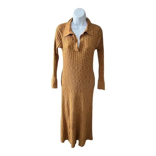 LOFT Brown Ribbed Polo Midi Knit Sweater Dress Size M Long Sleeve Pullover - Image 4