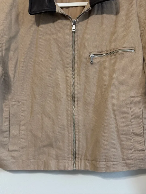 H&M Cropped Barn Jacket Size Medium Oversized Beige Coated-Collar Twill Brown - Image 6