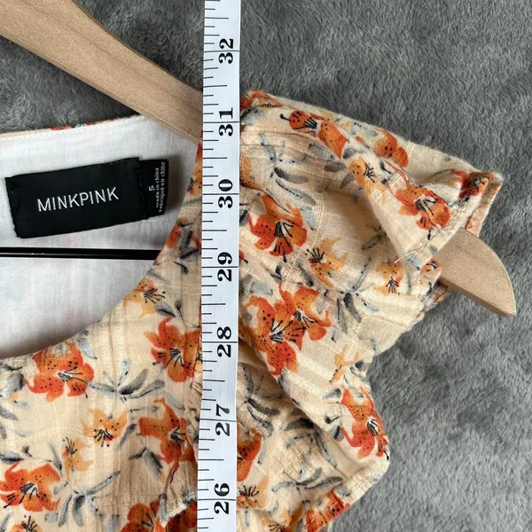 MINKPINK Zahari Summer Dress Women’s S Orange Mini Ruffle Floral Bohemian Beach - Image 7