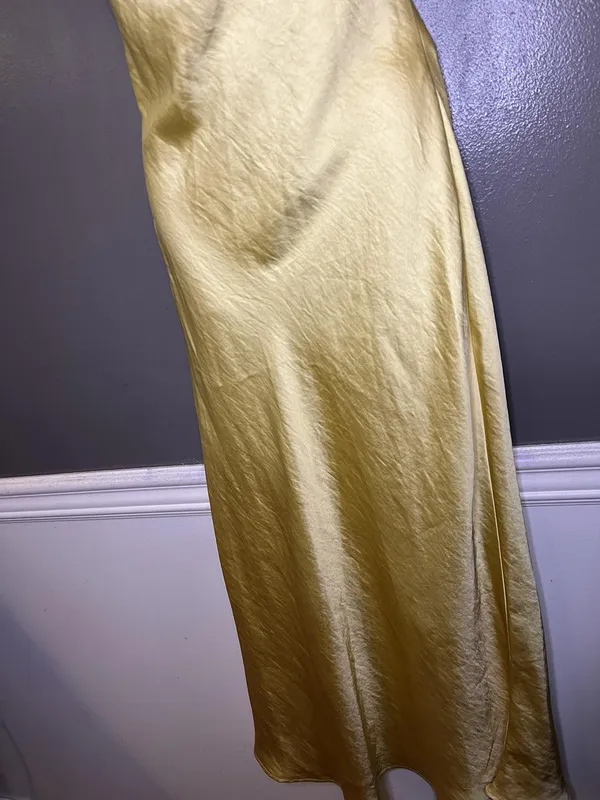 Cider Dress Womens Medium Yellow Satin Lace Cowl Neck Backless Slip Maxi - Image 8