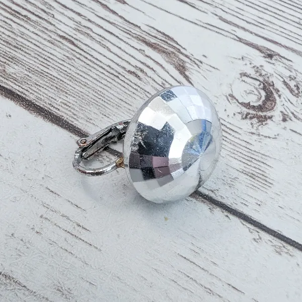 Vintage Clip On Earrings - Domed Circle Faceted Silver Tone - Condition Issues - Image 3