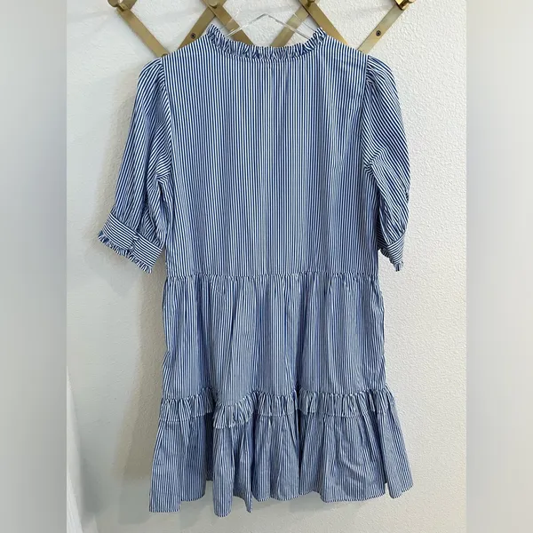 J.Crew Ruffleneck Tiered Popover Dress in Stripe Blue White Small - Image 7