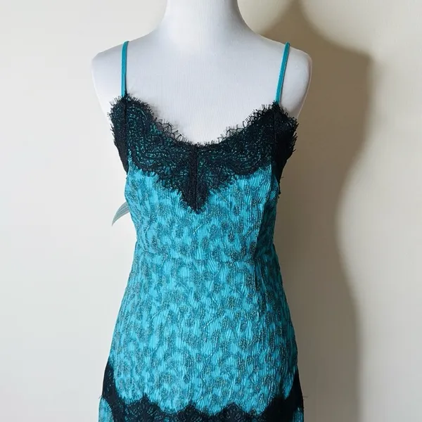 FoxieDox Anthropologie Teal and Black Lace Slip Dress - Image 2