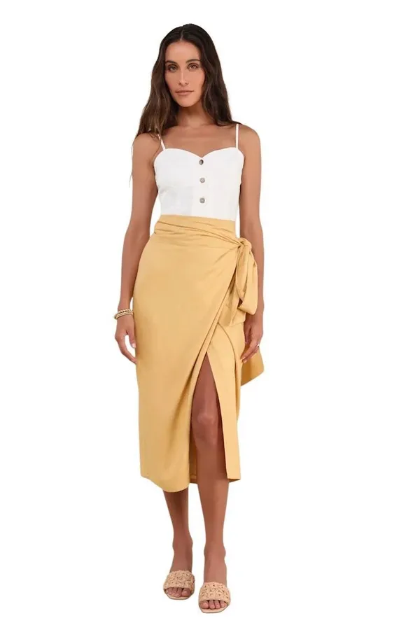 Lulus NWT Breezy Personality Yellow Linen Midi Wrap Skirt Medium - Image 2