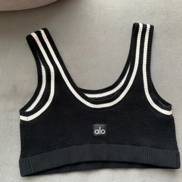 Alo Yoga Tennis Club Sweater Knit Bra Black/Ivory S - Image 4