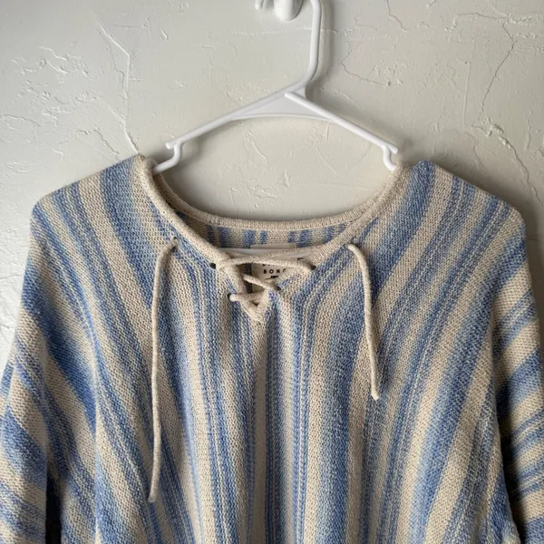 Billabong Striped Lace Up Knit Sweater Pullover Women M Blue Cream‎ Surfer Beach - Image 2