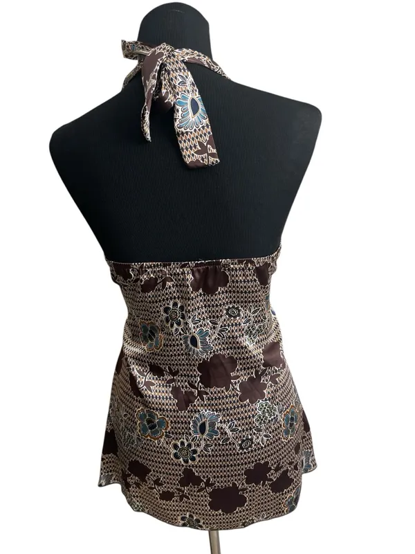 Vintage Y2K A. Byer Satin Brown Floral Smocked Babydoll Halter Tank Top - Image 3
