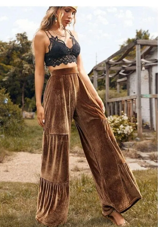 Luukse Coffee Brown Wide Leg Bell Bottom Flare Velvet Pants‎ Medium Pull On - Image 2