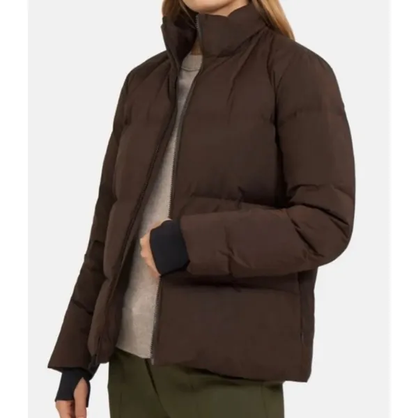 Theory brown stand up collar down fill puffer jacket size small - Image 13