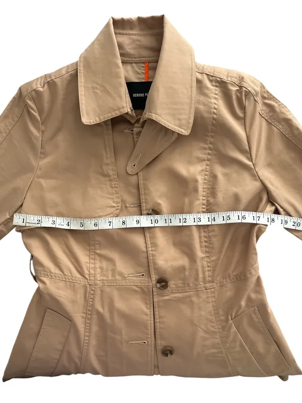 Genuine People Beige Khaki Cotton Ruffle Hem Belted Trench Coat Medium M - Image 6