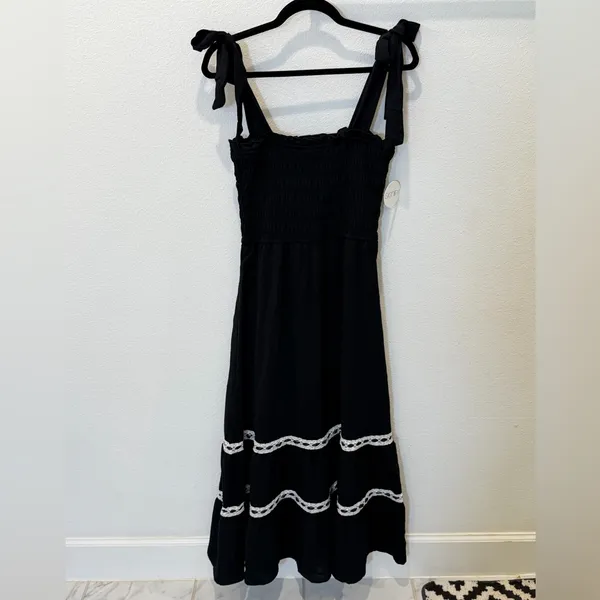 NWT Signify Black Smocked Maxi Dress Coquette Boho Ribbon & Lace Tiered Sundress - Image 4