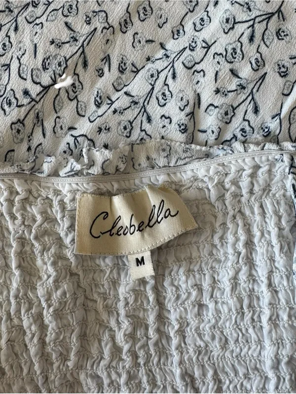 Cleobella - Floral Smocked Midi Dress White Blue Self-Tie Strap Sz M - Image 6