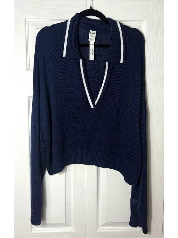PINK Victoria's Secret Navy Blue V-Neck Collar Cropped Sweater Pullover XXL NWT - Image 7