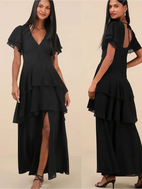 Lulus Midnight Mood Black‎ Tiered Maxi Dress Womens XS Coquette Moody Sexy NEW - Image 2