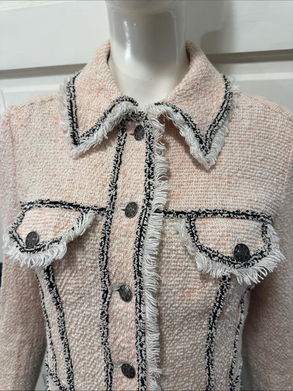 Veronica Beard Cotton Blend Pale Pink Tweed Fringed Blazer with Gray Trim S XS - Image 3