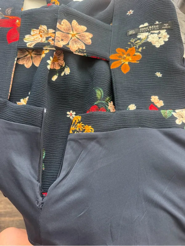 Zara Navy Midi Dress with Red, Pink & Orange Floral Print - Image 5