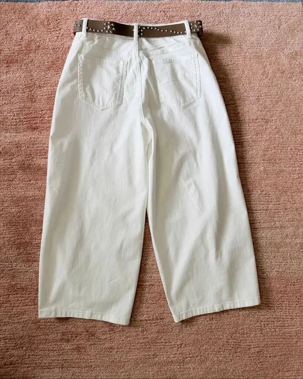 White Barrel Leg Cropped Pants High Rise Original Design Cotton Stretch Belt M N - Image 8