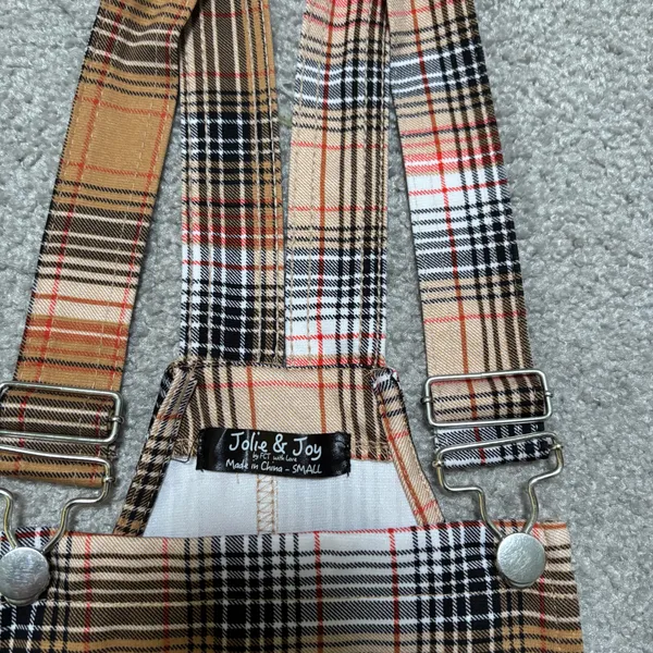 Jolie & Joy Beige, Red, White, and Black Plaid Pinafore Mini Overall Dress - Image 4