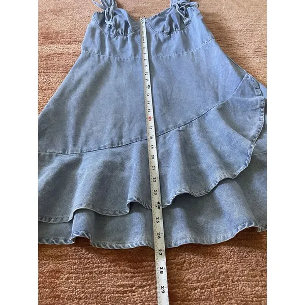 Denim Blue Sleeveless Mini Dress With Ruffle Hem and Tie Straps - Image 2