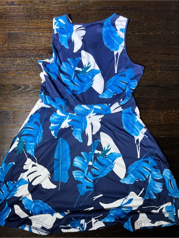 Guberry Blue Floral Tropical Palm Leaf V-Neck Sleeveless Sundress Extra Large - Image 4