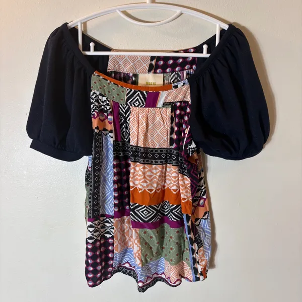 Anthropologie Maeve Catiana Patchwork‎ Puff-Sleeve Blouse Size XS - Image 2