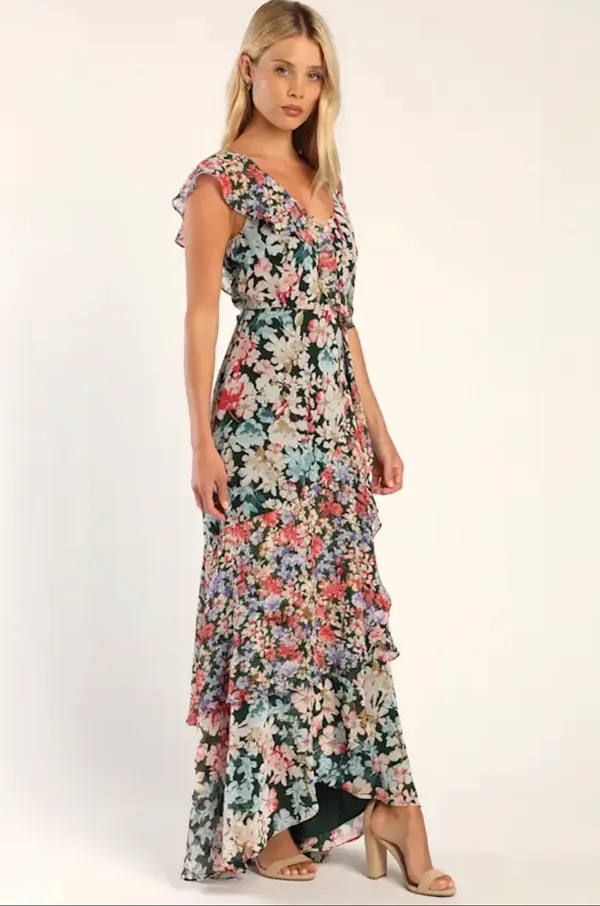 Lulus Radiant Hunter Green Floral Print Chiffon Maxi Dress - Image 2