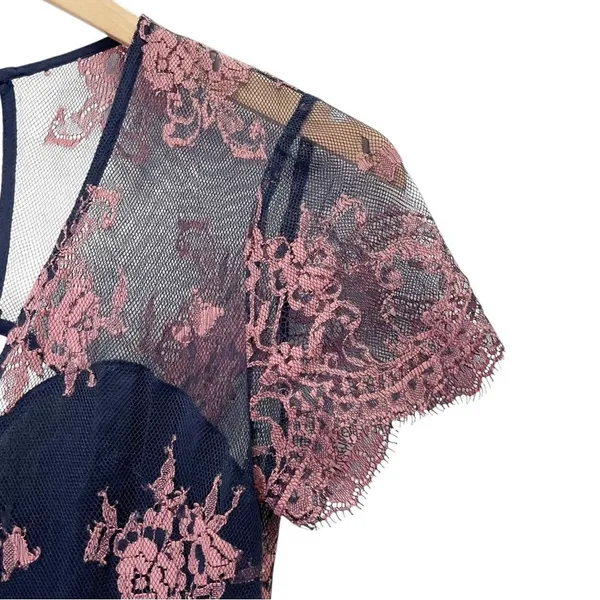 Lovers + Friends Shoreline Maxi Dress Navy Pink Lace Size Small Sheer Floral - Image 5