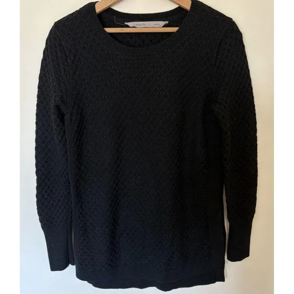 Athleta Merino Wool Blend Honeycomb Knit Pullover Sweater Minimalist Black Small - Image 2