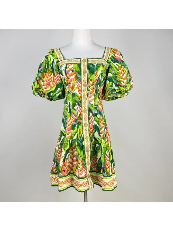 NWOT FARM Rio Square Neck Puff Sleeve Floral Tropical Print Mini Dress Size S - Image 2