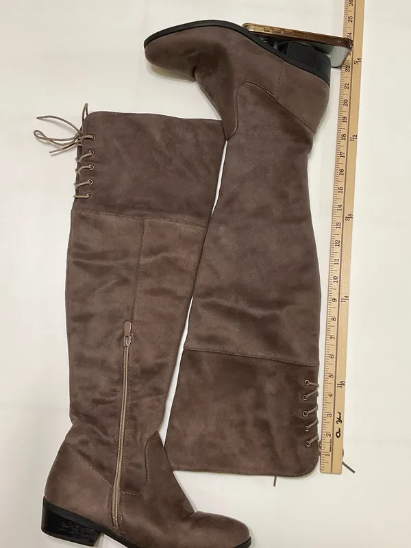 Women’s Brown Taupe Faux Suede Knee High Boots Size 8.5 Lace Up Side Zip Low Heel - Image 4