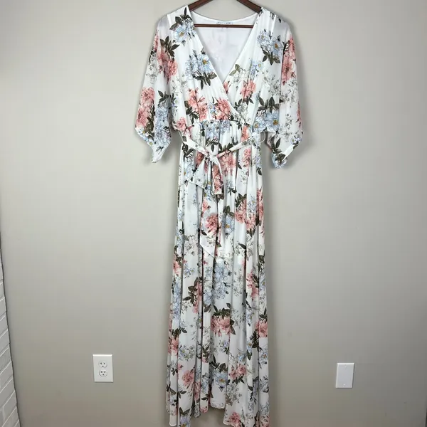 BALTIC BORN Maxi‎ Dress Womens Large White Floral Belted V-Neck Feminine Flowy L - Image 7