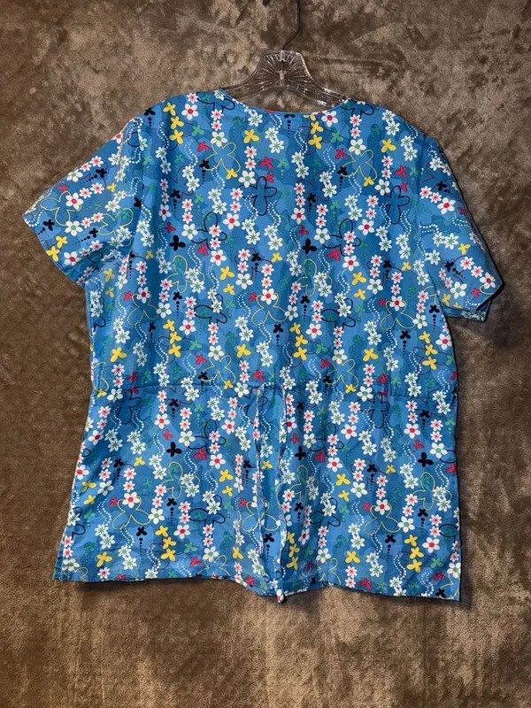 SB Scrubs Floral Butterfly Scrub Top Size L Blue V-Neck Pocket - Image 9