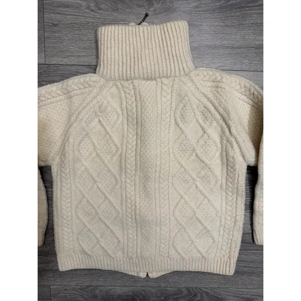80s Carraig Donn Handknit Merino Wool Aran Zip Cropped Cardigan Sweater Cream M - Image 15