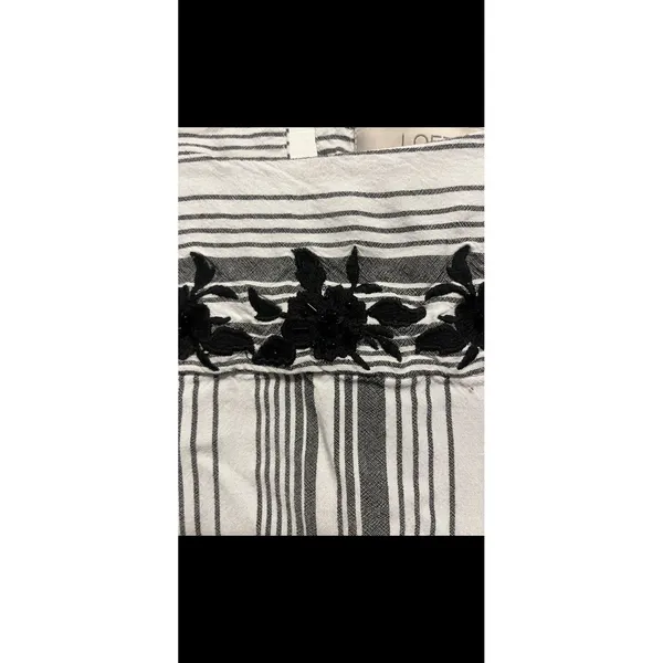 Loft Women Large Striped Floral Embellished Blouse 3/4 Ruffle Sleeve Top Black - Image 2