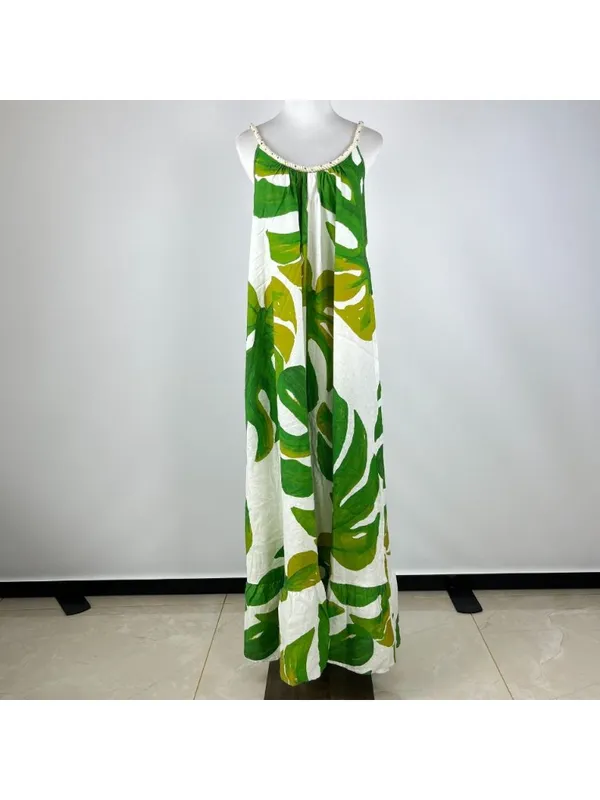 NWOT Farm Rio Linen Blend Green Leaf Print Sleeveless Maxi Dress Size XS - Image 3