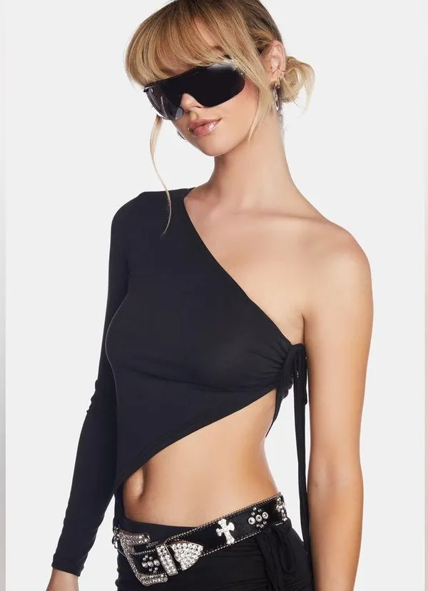Edikted Dolls Kill Franki Long Sleeve Asymmetric Crop Top Black XL - Image 2