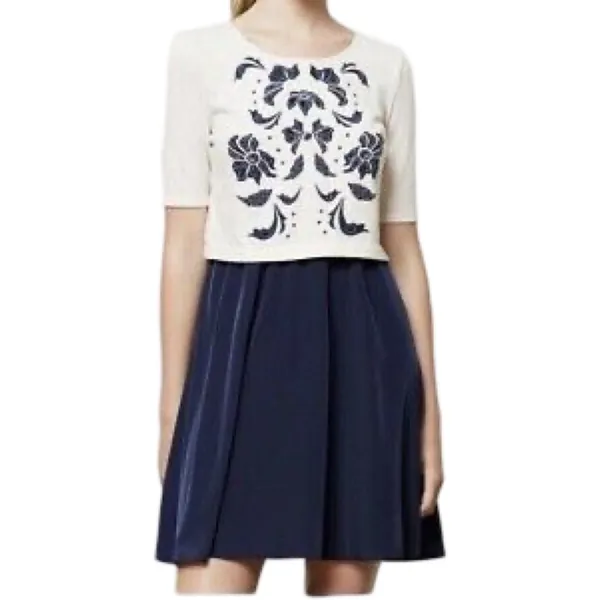 Lilka Cream Navy Blue Short Sleeve Embroidered Cutout Flower Mini Dress Size XS - Image 2