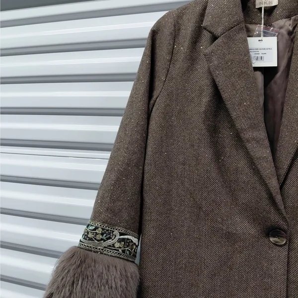 NKN Nekane Womens Wool Blend Coat Sz Small Brown Herringbone Faux Fur Old Money - Image 12