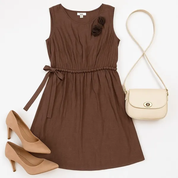 YA Los Angeles Bronze Brown Rosette Shoulder Mini Dress Medium Elastic Waist Tie - Image 14