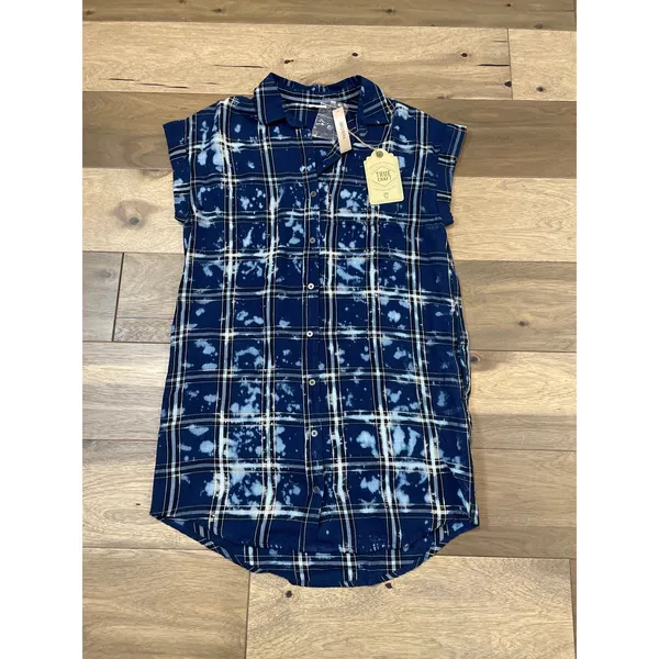 True Craft Plaid Button Down Shirt Dress Size S Navy Cotton - Image 4
