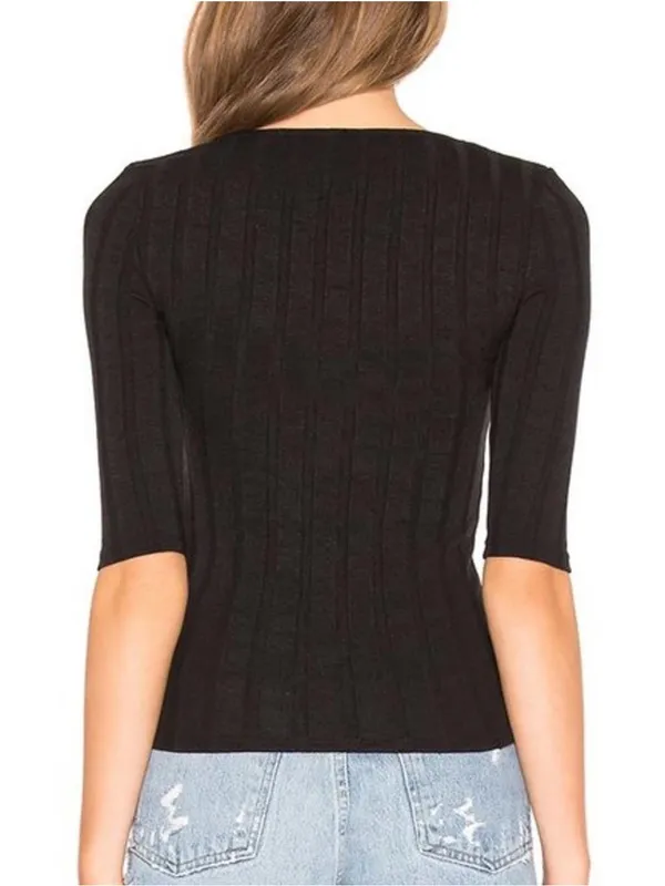 Free People Central Park Women's Black Ribbed Button-Front Top Size XS - Image 2