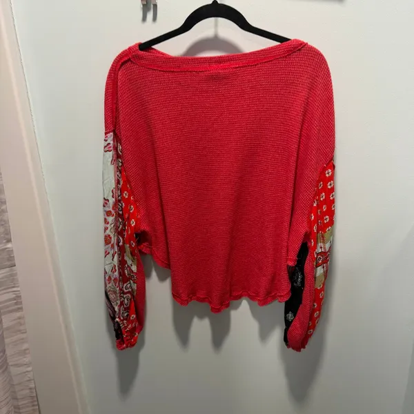 Free People We The Free Waffle Knit Top Red XS Boho Patchwork Sleeve Casual - Image 4
