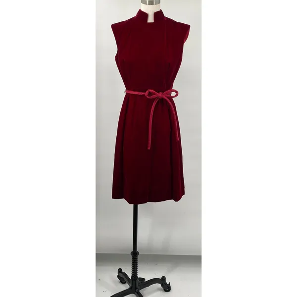 Vintage 60s Velvet Belted Tie Waist Mini Dress High Neck Stand Collar Maroon Red - Image 3